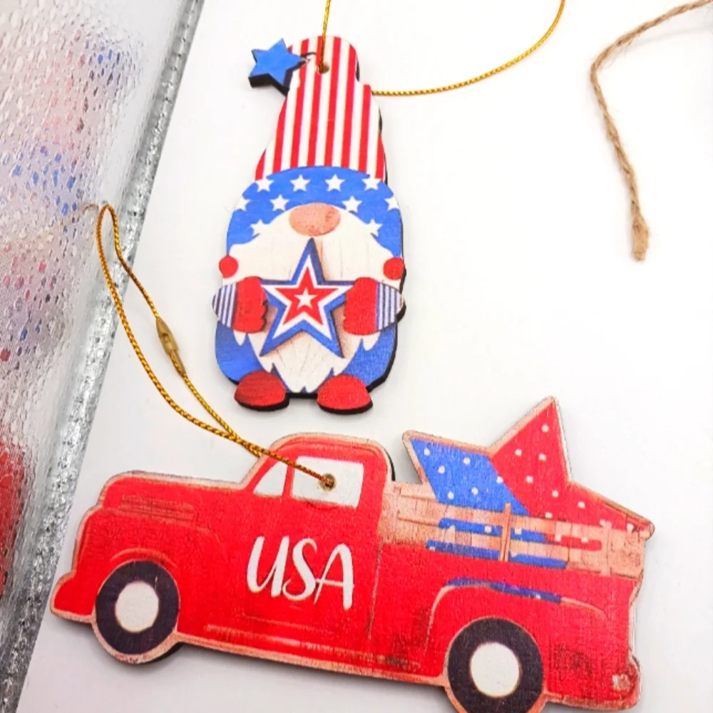 Patrotic Wall Wood Decor Gnome, Truck USA Banner +Candles + Mini Bucket 10 Items